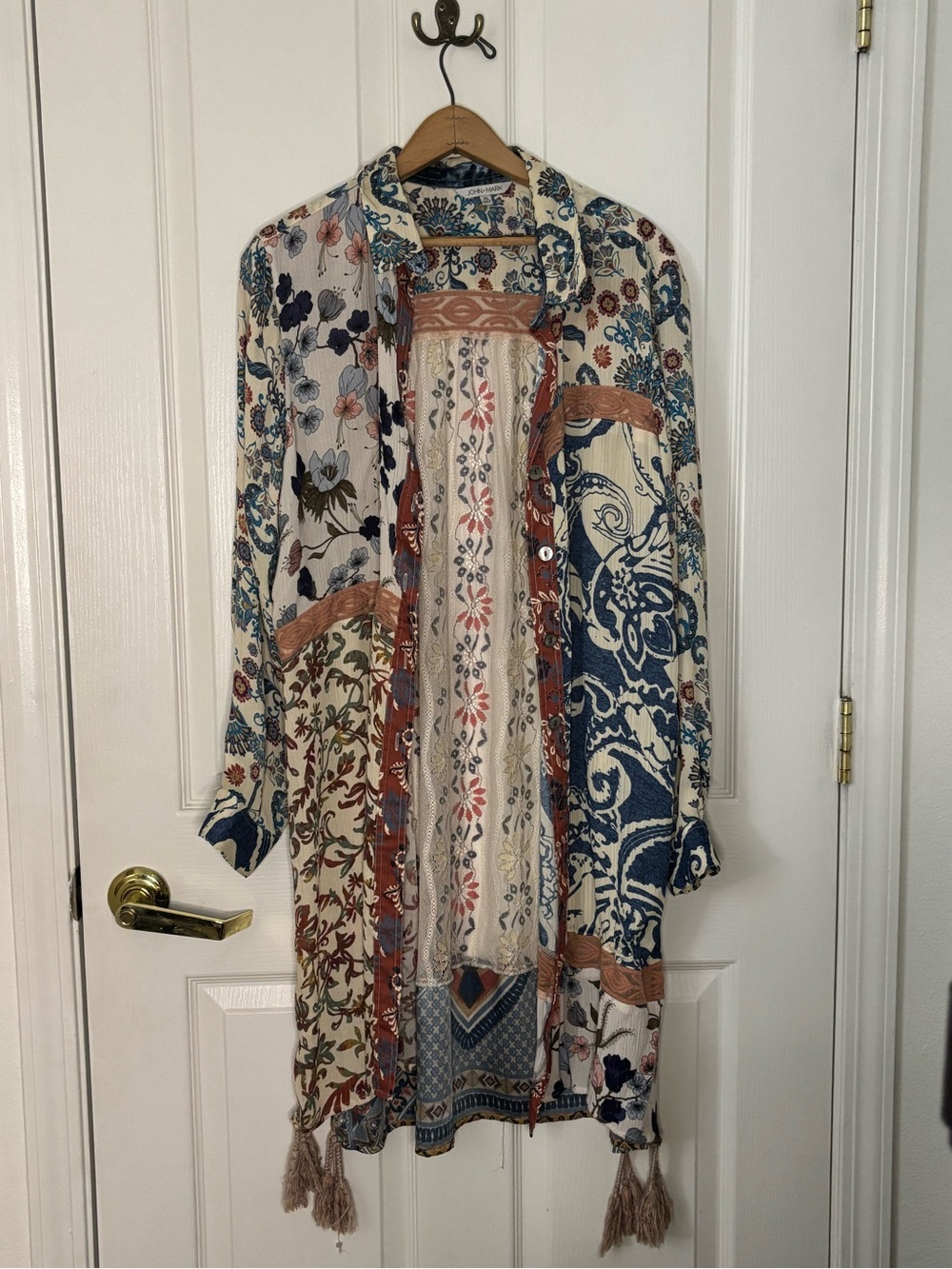 John Mark Patchwork Floral Kimono Duster in Navy & Cream